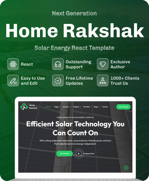 Renewable Solar Energy Service React Template - Home Rakshak - 2